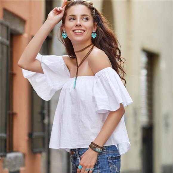 Turquoise Jewelry Set Necklace Earrings Bracelets Rings Boho Western Women Gift - Picture 5 of 6